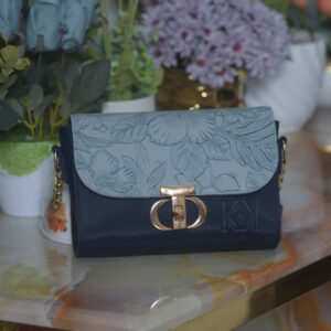 Navy Blue Hand Bag with Flower Top