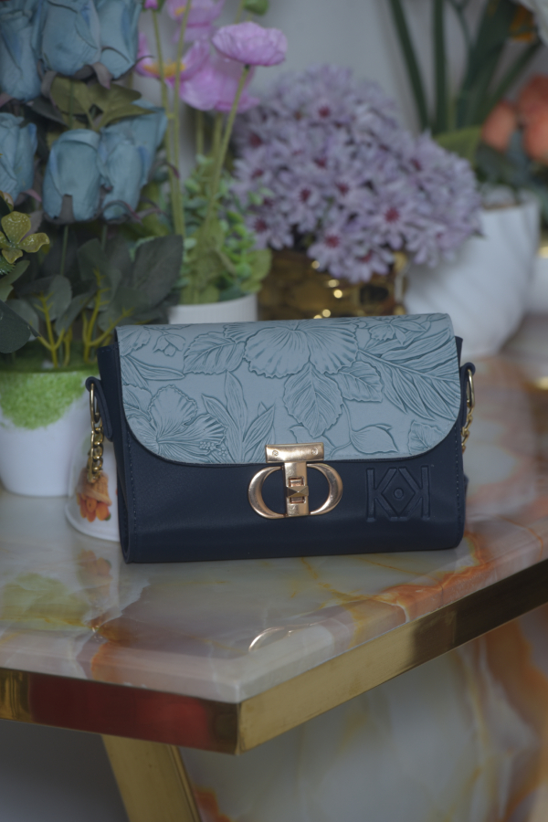 Navy Blue Hand Bag with Flower Top