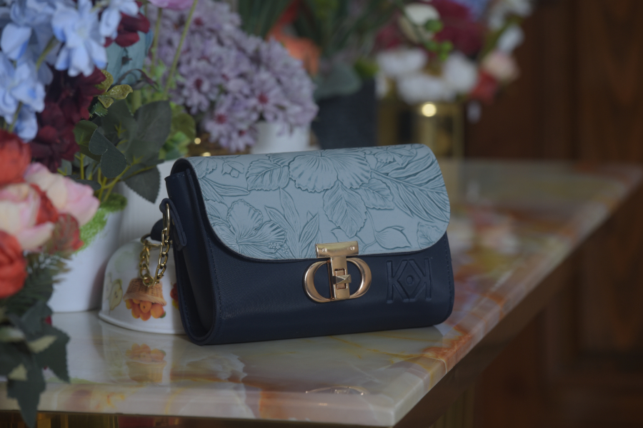 Navy Blue Hand Bag With Flowers Toe